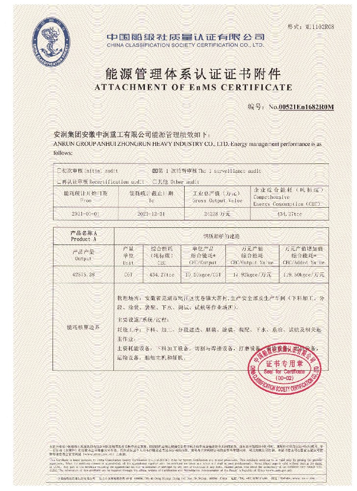 Energy system certification certificate